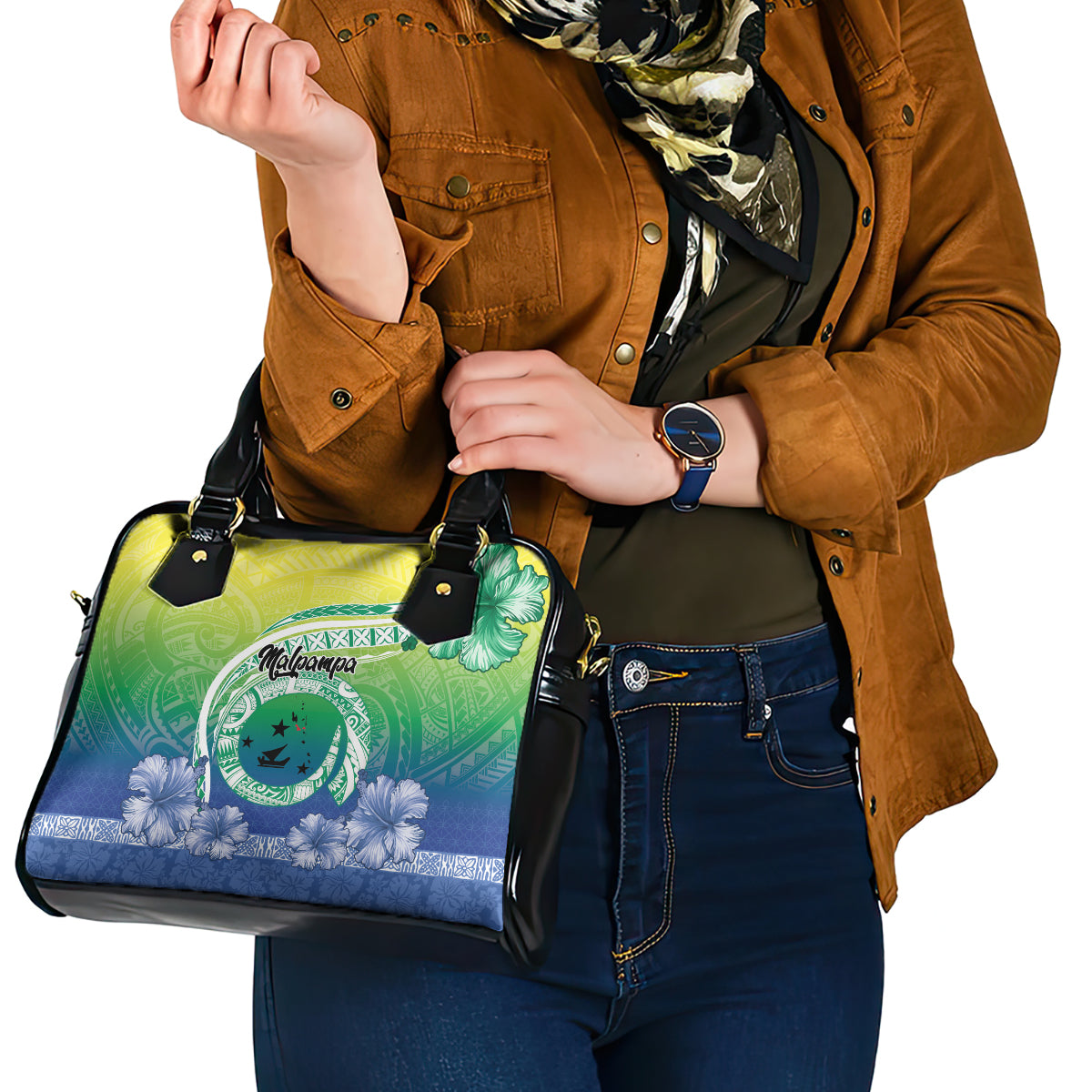 Malpampa Vanuatu Shoulder Handbag Hibiscus Sand Drawing with Pacific Pattern LT9 - Polynesian Pride