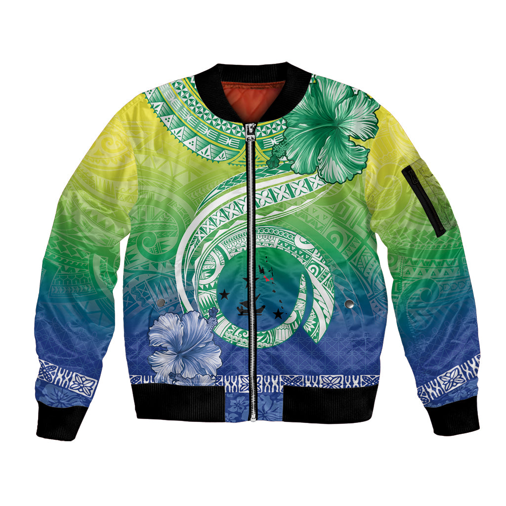 Malpampa Vanuatu Sleeve Zip Bomber Jacket Hibiscus Sand Drawing with Pacific Pattern LT9 Unisex Green Art - Polynesian Pride