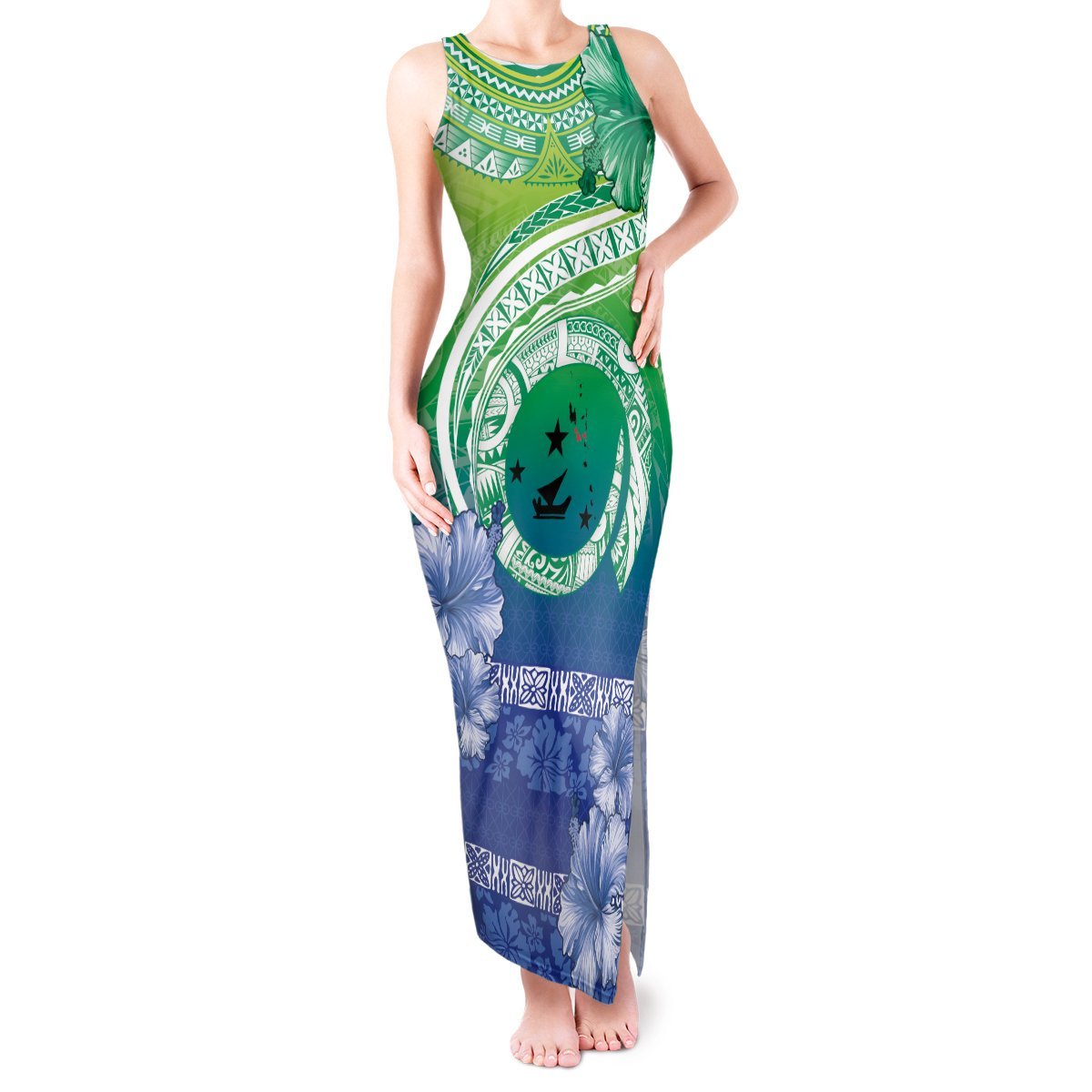 Malpampa Vanuatu Tank Maxi Dress Hibiscus Sand Drawing with Pacific Pattern LT9 Women Green Art - Polynesian Pride