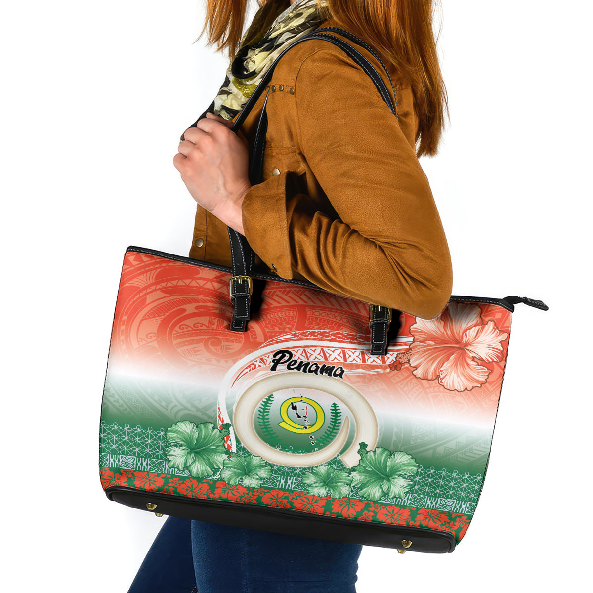 Penama Vanuatu Leather Tote Bag Hibiscus Sand Drawing with Pacific Pattern LT9 Red Art - Polynesian Pride