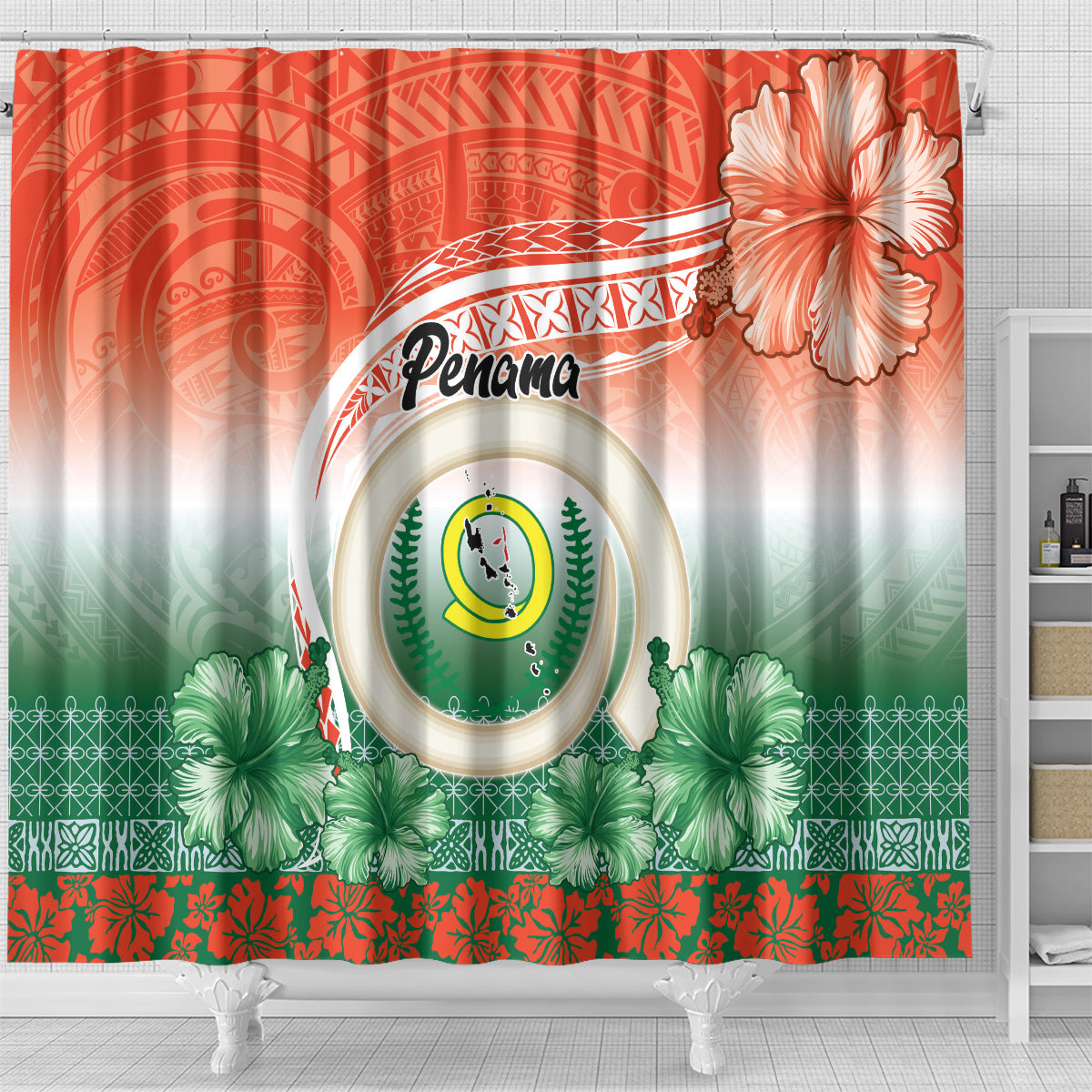 Penama Vanuatu Shower Curtain Hibiscus Sand Drawing with Pacific Pattern LT9 - Polynesian Pride