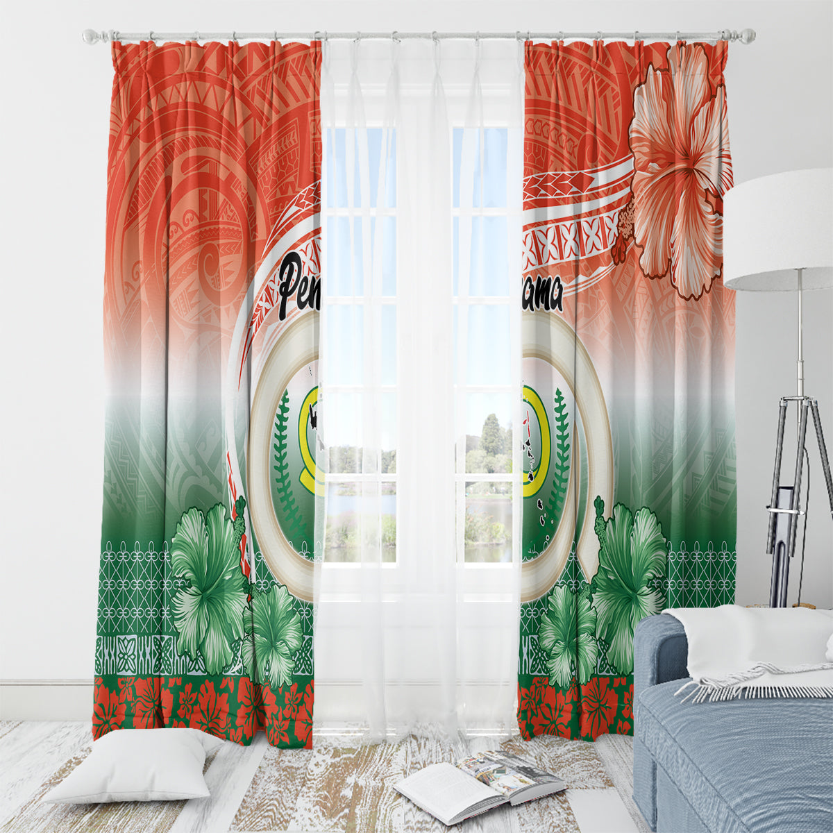 Penama Vanuatu Window Curtain Hibiscus Sand Drawing with Pacific Pattern LT9 - Polynesian Pride