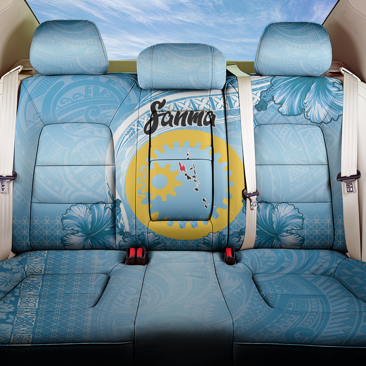 Sanma Vanuatu Back Car Seat Cover Hibiscus Sand Drawing with Pacific Pattern LT9 One Size Blue Art - Polynesian Pride