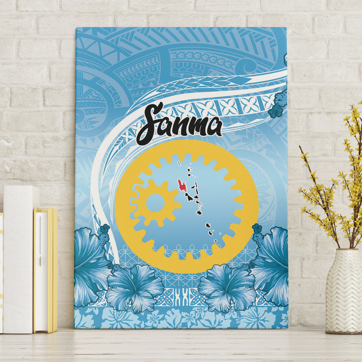 Sanma Vanuatu Canvas Wall Art Hibiscus Sand Drawing with Pacific Pattern LT9 Without Frame Blue Art - Polynesian Pride