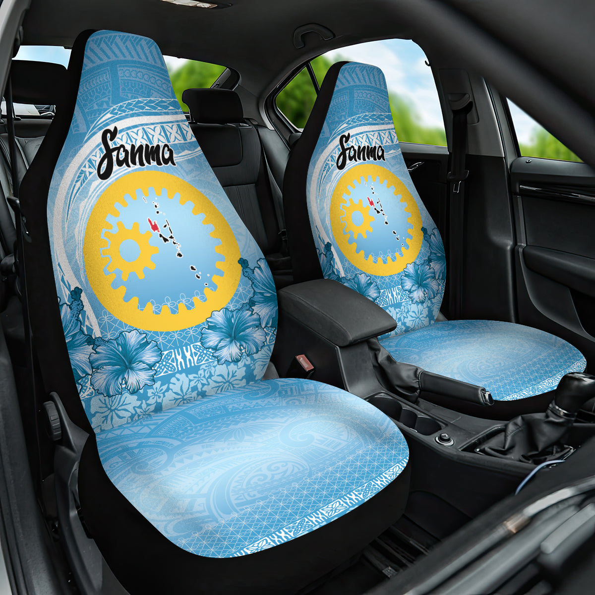 Sanma Vanuatu Car Seat Cover Hibiscus Sand Drawing with Pacific Pattern LT9 One Size Blue Art - Polynesian Pride