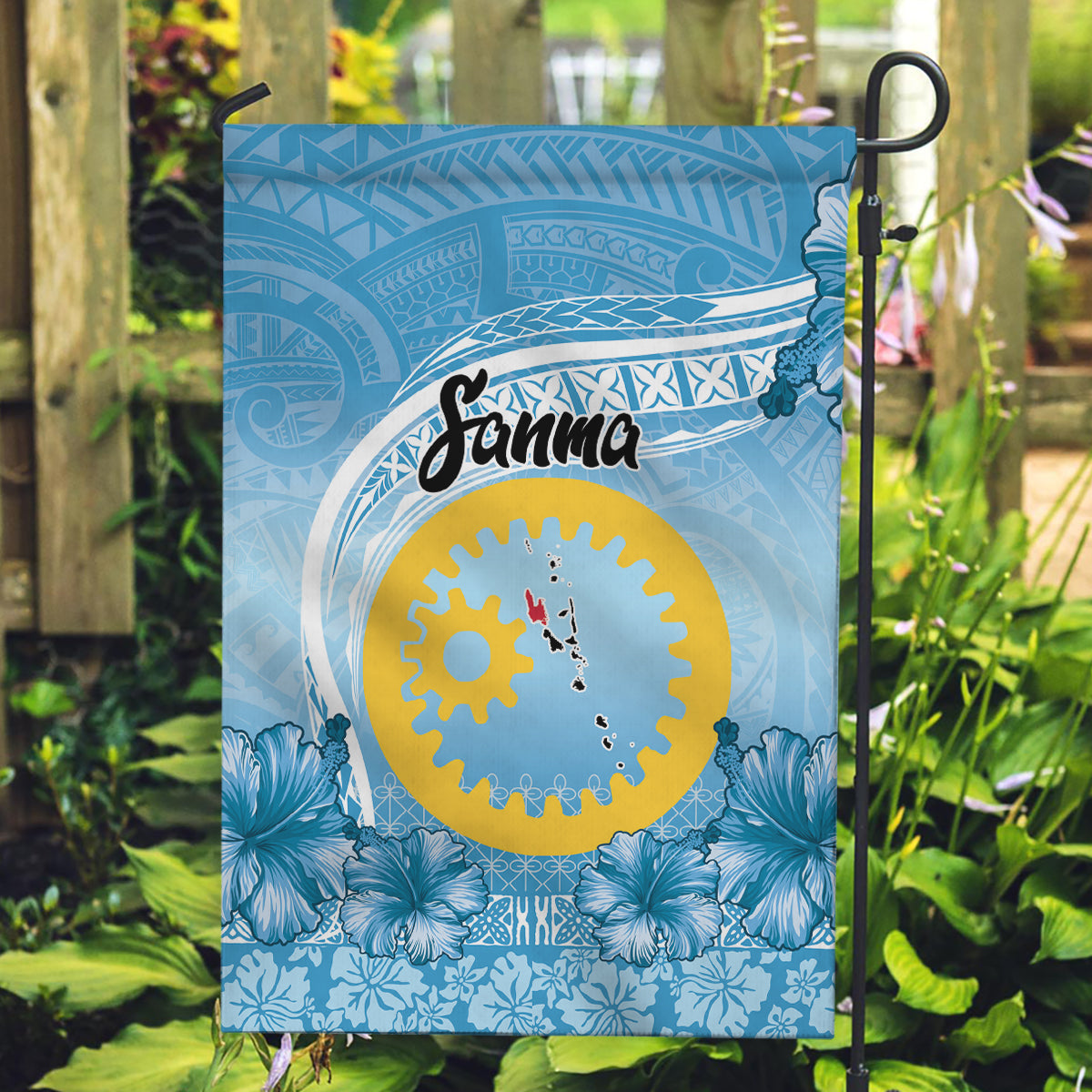 Sanma Vanuatu Garden Flag Hibiscus Sand Drawing with Pacific Pattern LT9 Garden Flag Blue Art - Polynesian Pride