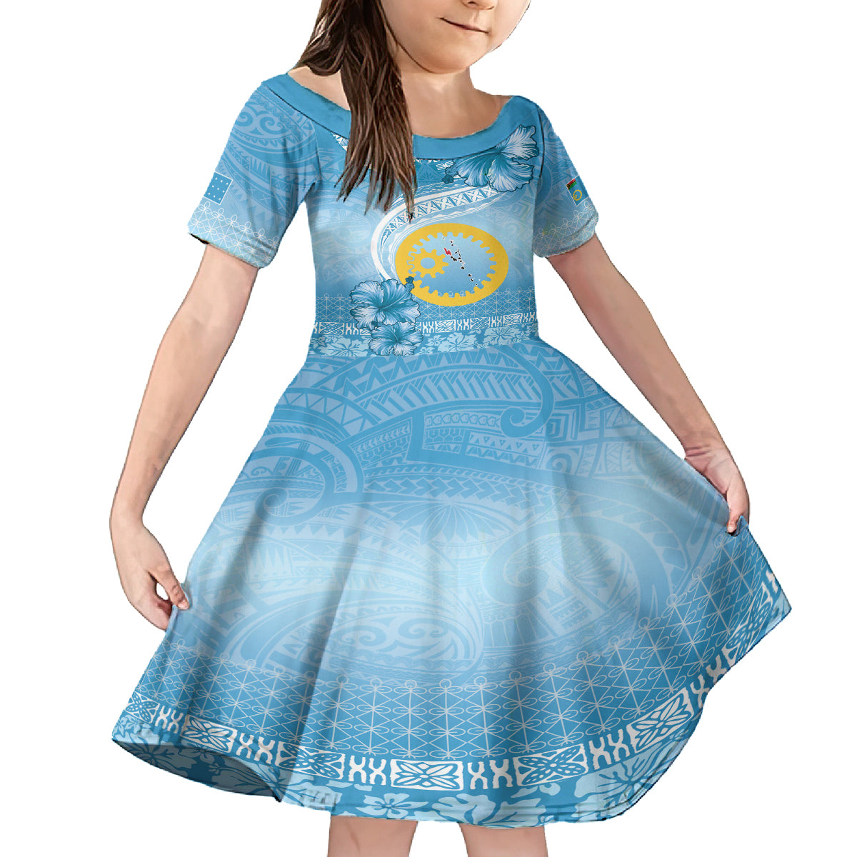 Sanma Vanuatu Kid Short Sleeve Dress Hibiscus Sand Drawing with Pacific Pattern LT9 KID Blue Art - Polynesian Pride