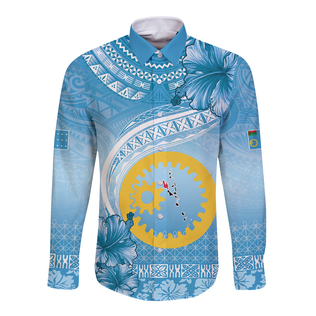Sanma Vanuatu Long Sleeve Button Shirt Hibiscus Sand Drawing with Pacific Pattern LT9 Unisex Blue Art - Polynesian Pride