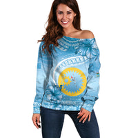 Sanma Vanuatu Off Shoulder Sweater Hibiscus Sand Drawing with Pacific Pattern LT9 Women Blue Art - Polynesian Pride