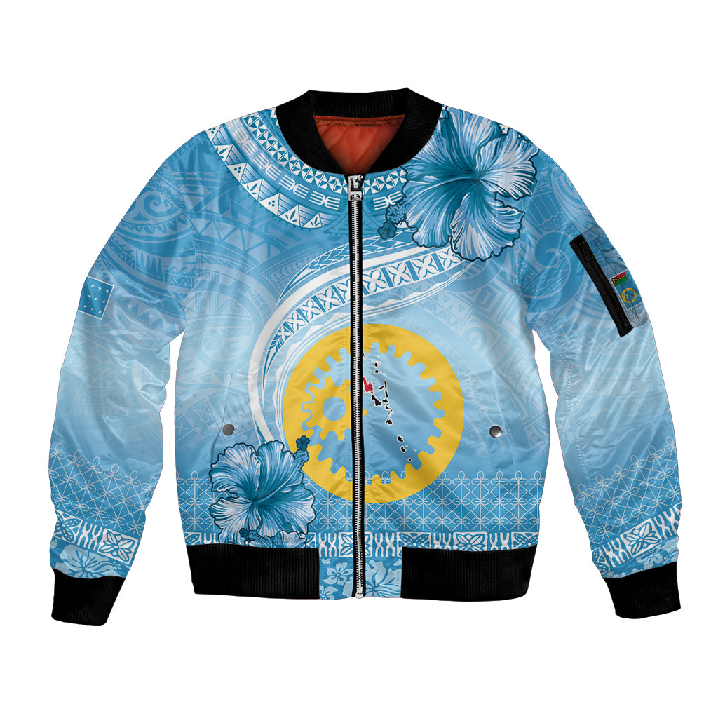 Sanma Vanuatu Sleeve Zip Bomber Jacket Hibiscus Sand Drawing with Pacific Pattern LT9 Unisex Blue Art - Polynesian Pride