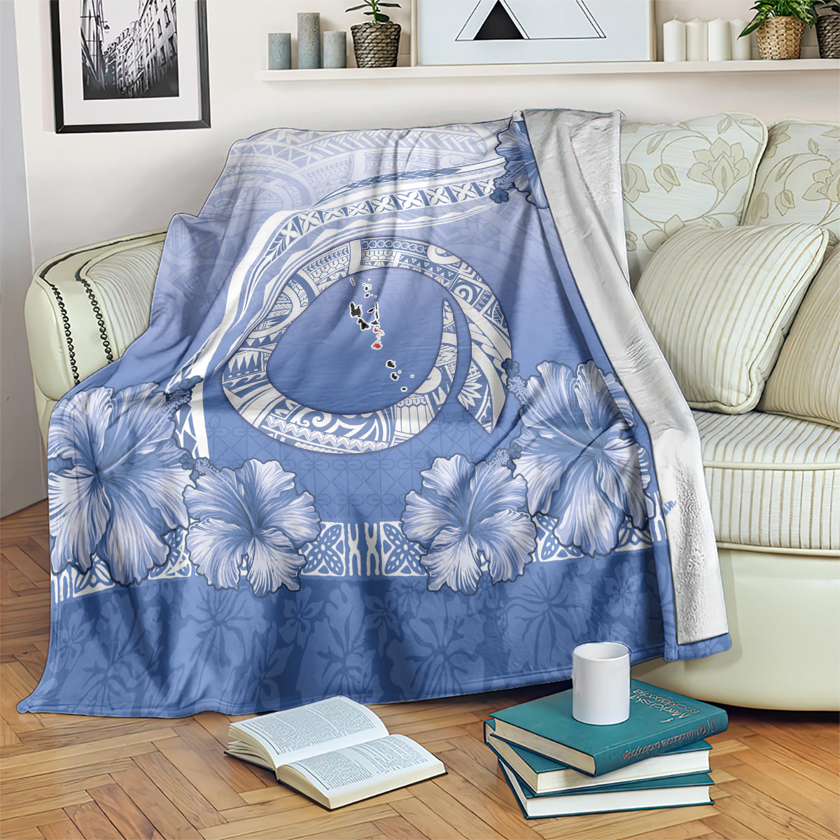 Shefa Vanuatu Blanket Hibiscus Sand Drawing with Pacific Pattern LT9 Blue Art - Polynesian Pride