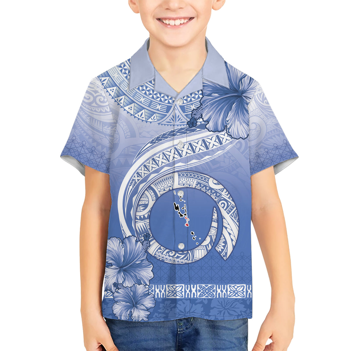 Shefa Vanuatu Kid Hawaiian Shirt Hibiscus Sand Drawing with Pacific Pattern LT9 Kid Blue Art - Polynesian Pride
