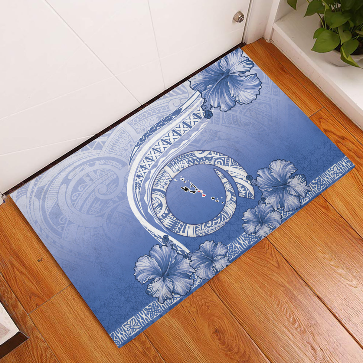 Shefa Vanuatu Rubber Doormat Hibiscus Sand Drawing with Pacific Pattern LT9 Blue Art - Polynesian Pride