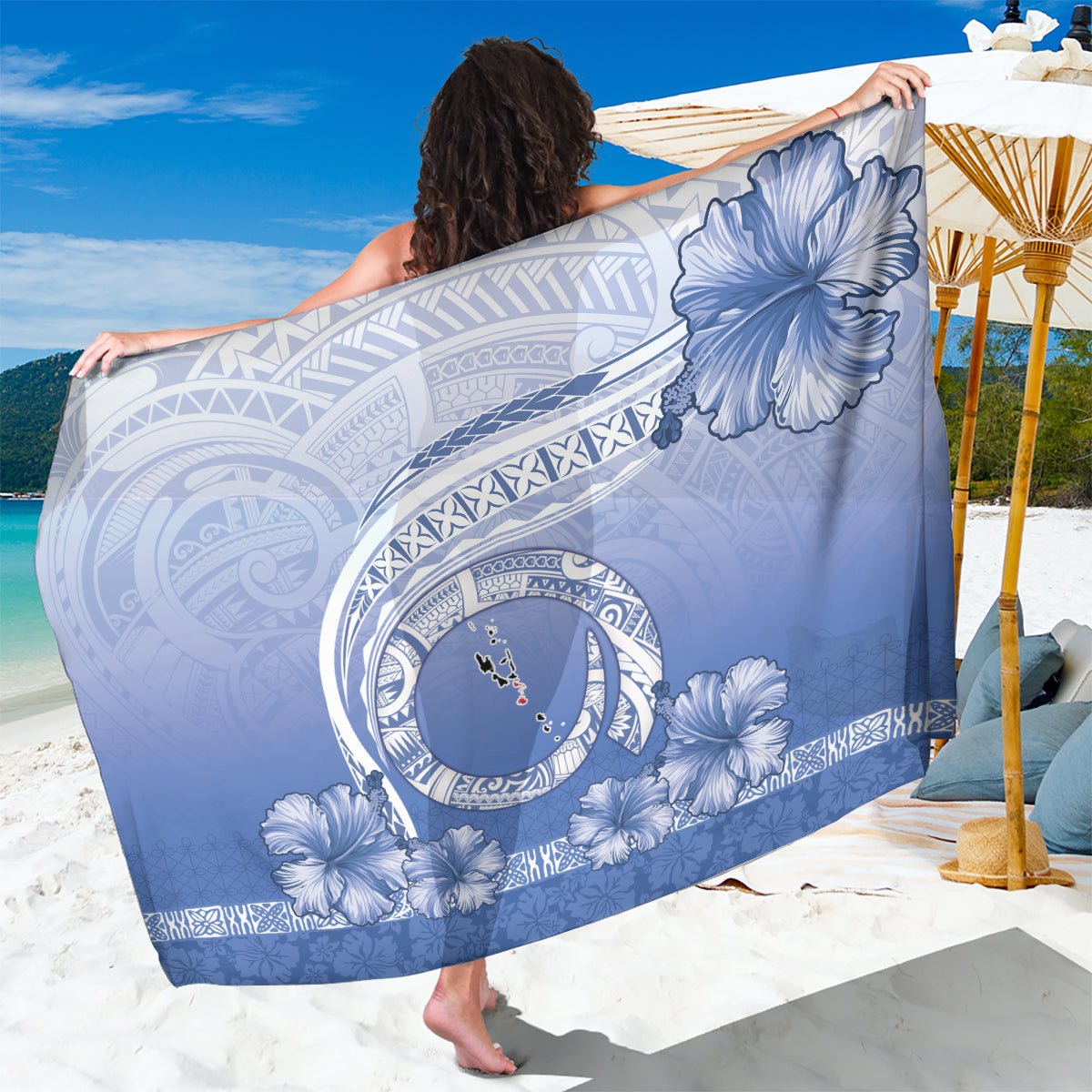 Shefa Vanuatu Sarong Hibiscus Sand Drawing with Pacific Pattern LT9 One Size 44 x 66 inches Blue Art - Polynesian Pride