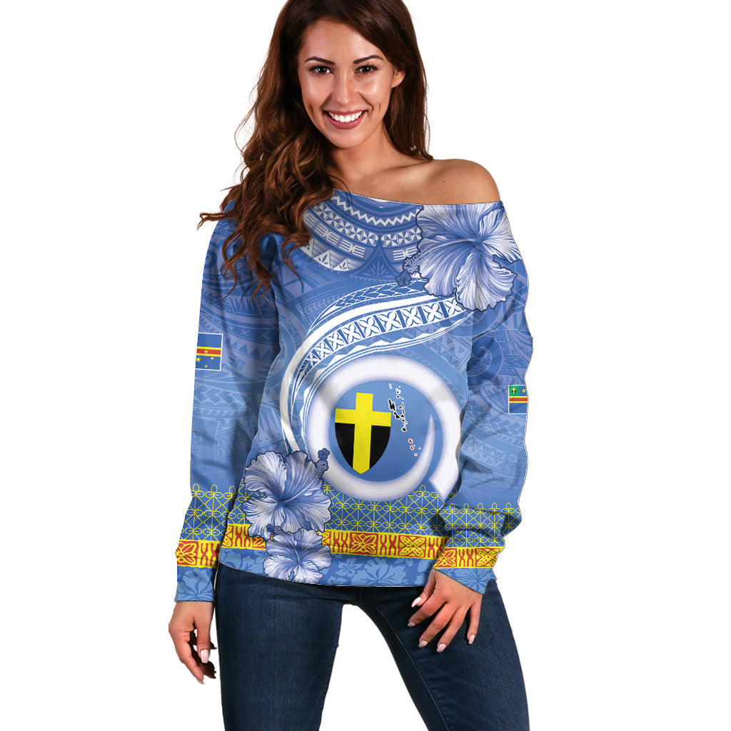 Tafea Vanuatu Off Shoulder Sweater Hibiscus Sand Drawing with Pacific Pattern LT9 Women Blue Art - Polynesian Pride