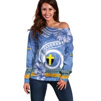 Tafea Vanuatu Off Shoulder Sweater Hibiscus Sand Drawing with Pacific Pattern LT9 Women Blue Art - Polynesian Pride
