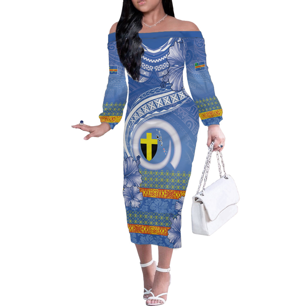 Tafea Vanuatu Off The Shoulder Long Sleeve Dress Hibiscus Sand Drawing with Pacific Pattern LT9 Women Blue Art - Polynesian Pride