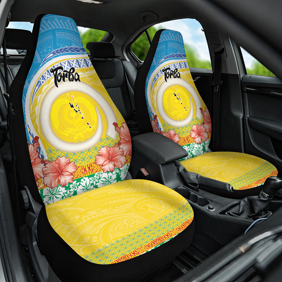 Torba Vanuatu Car Seat Cover Hibiscus Sand Drawing with Pacific Pattern LT9 One Size Green Gold - Polynesian Pride