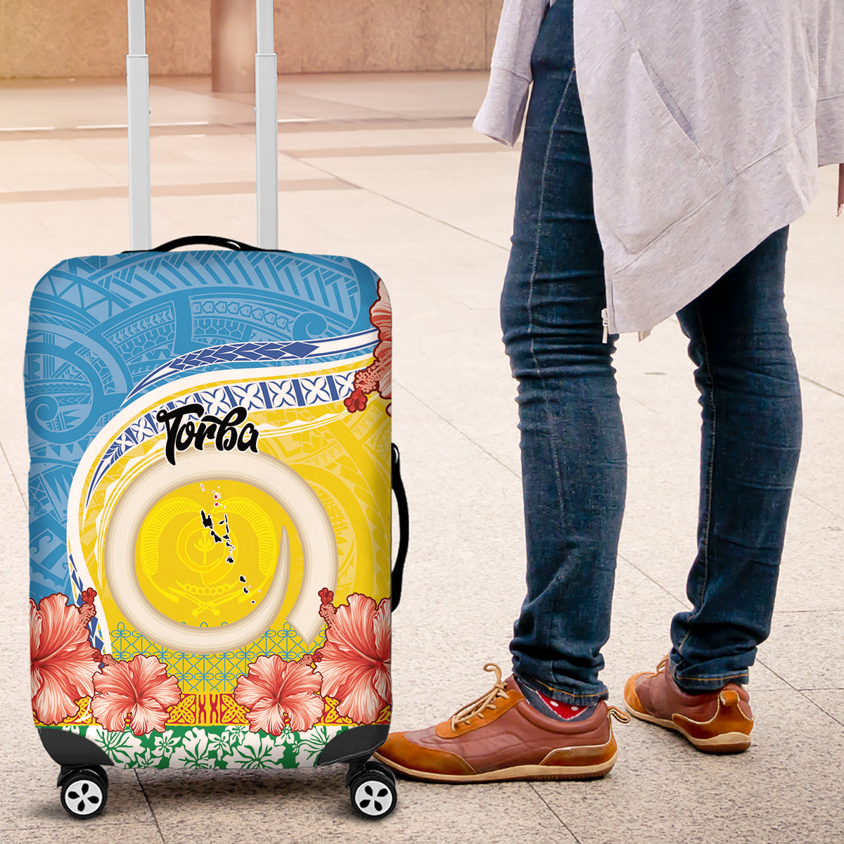 Torba Vanuatu Luggage Cover Hibiscus Sand Drawing with Pacific Pattern LT9 Green Gold - Polynesian Pride