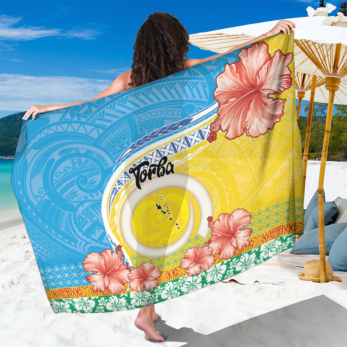 Torba Vanuatu Sarong Hibiscus Sand Drawing with Pacific Pattern LT9 One Size 44 x 66 inches Green Gold - Polynesian Pride