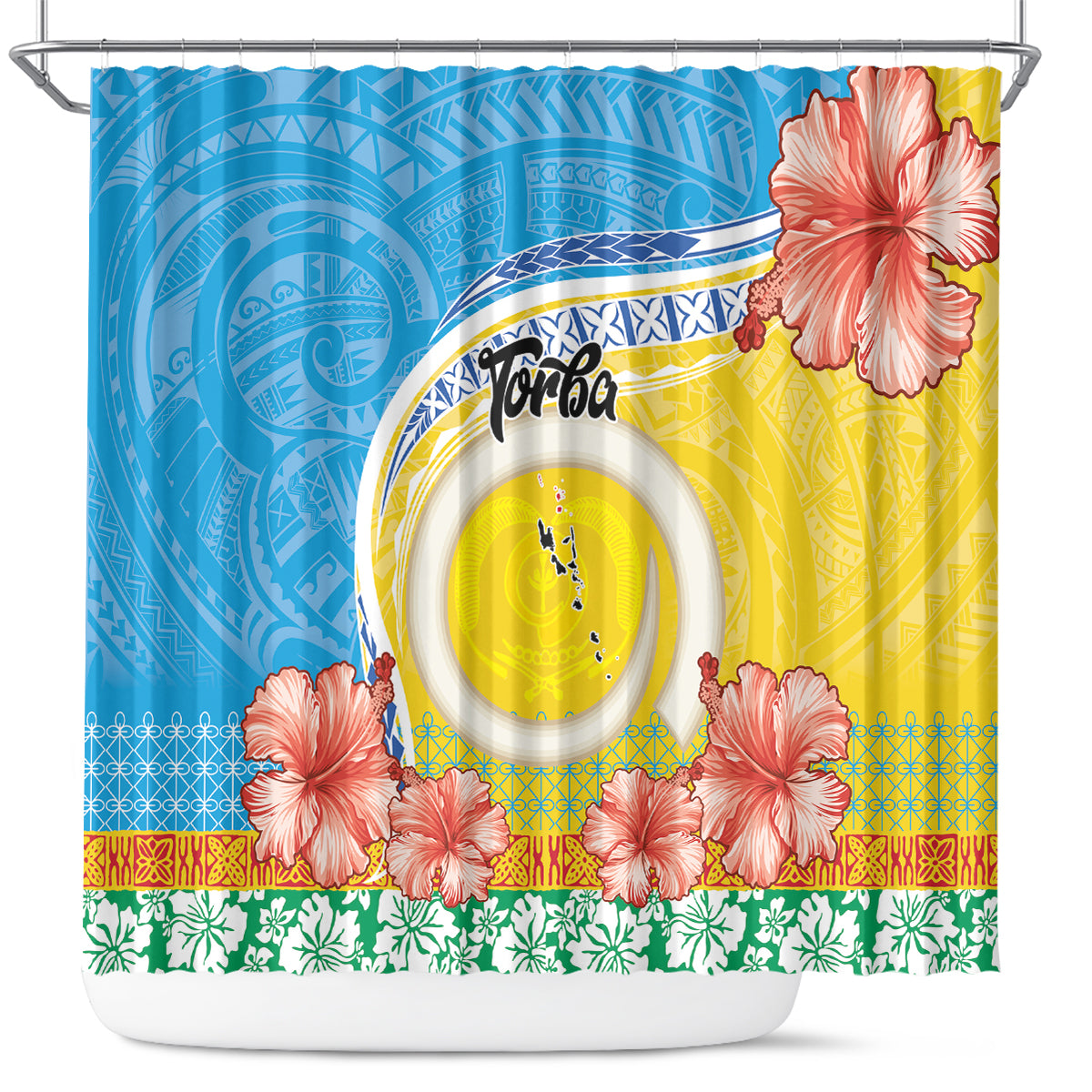 Torba Vanuatu Shower Curtain Hibiscus Sand Drawing with Pacific Pattern LT9 Green Gold - Polynesian Pride