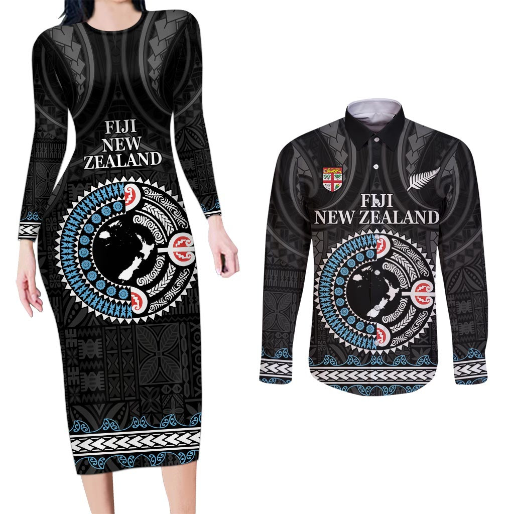 Custom Fiji and New Zealand Couples Matching Long Sleeve Bodycon Dress and Long Sleeve Button Shirt Maori Fern Mix Tapa Tribal Unique