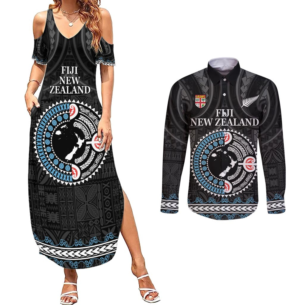 Custom Fiji and New Zealand Couples Matching Summer Maxi Dress and Long Sleeve Button Shirt Maori Fern Mix Tapa Tribal Unique