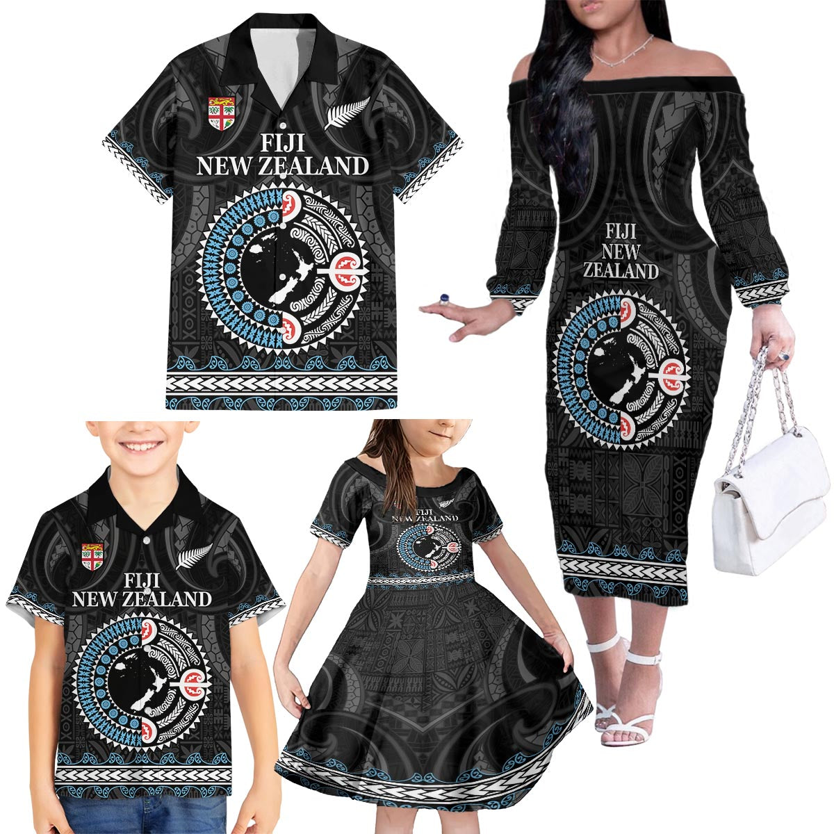 Custom Fiji and New Zealand Family Matching Off The Shoulder Long Sleeve Dress and Hawaiian Shirt Maori Fern Mix Tapa Tribal Unique