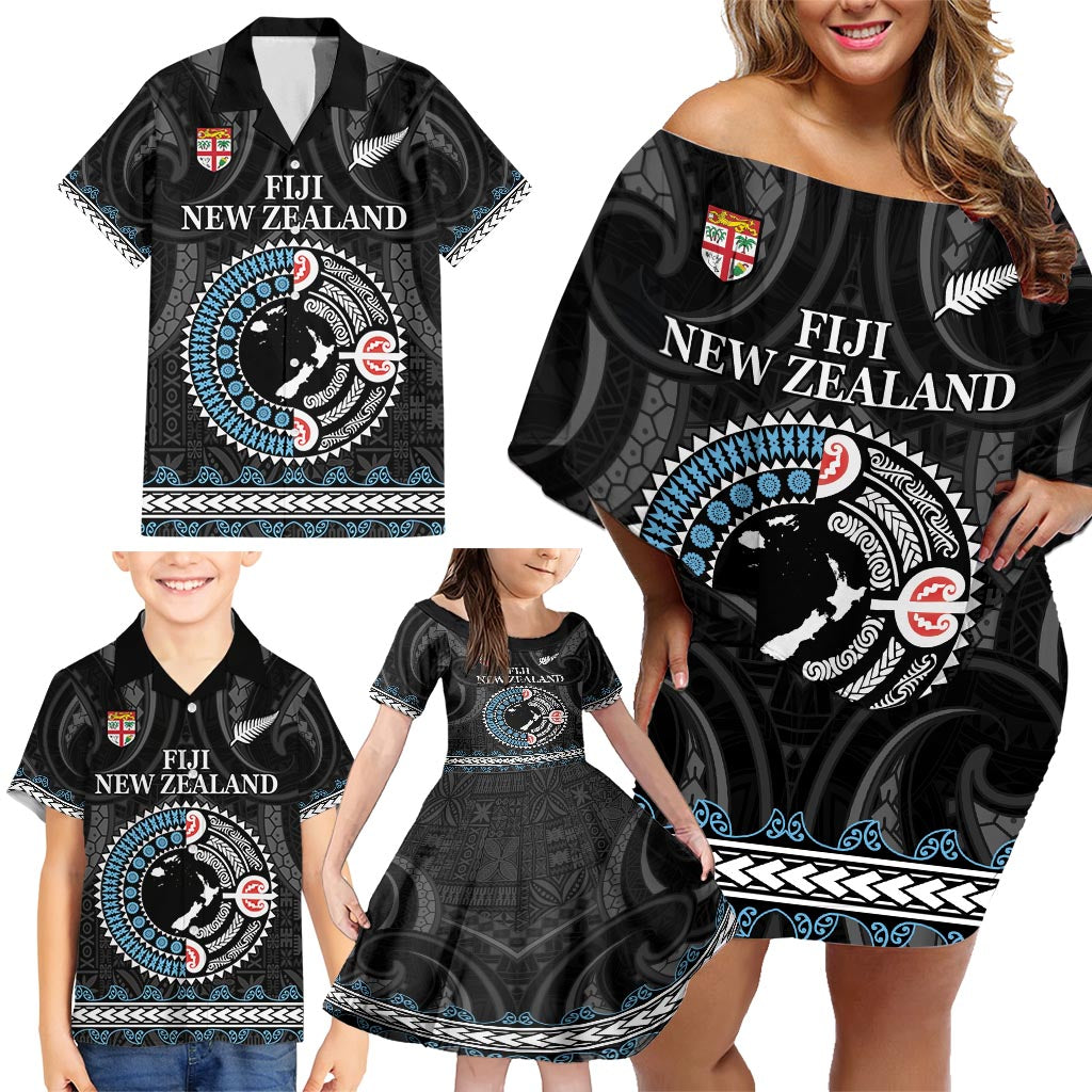 Custom Fiji and New Zealand Family Matching Off Shoulder Short Dress and Hawaiian Shirt Maori Fern Mix Tapa Tribal Unique