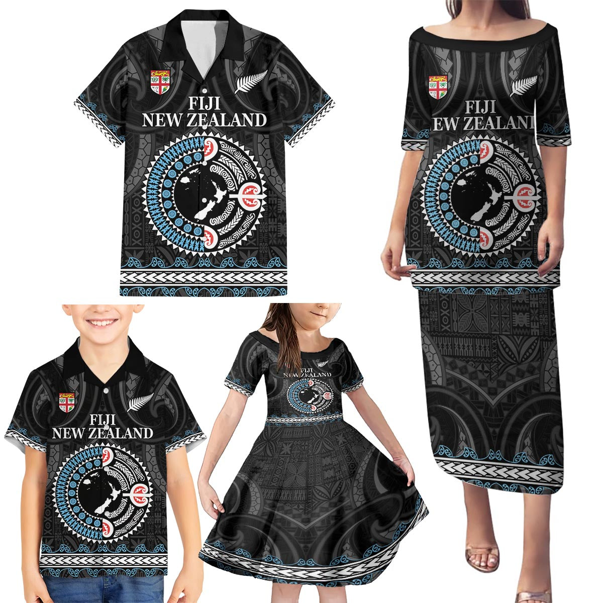 Custom Fiji and New Zealand Family Matching Puletasi and Hawaiian Shirt Maori Fern Mix Tapa Tribal Unique