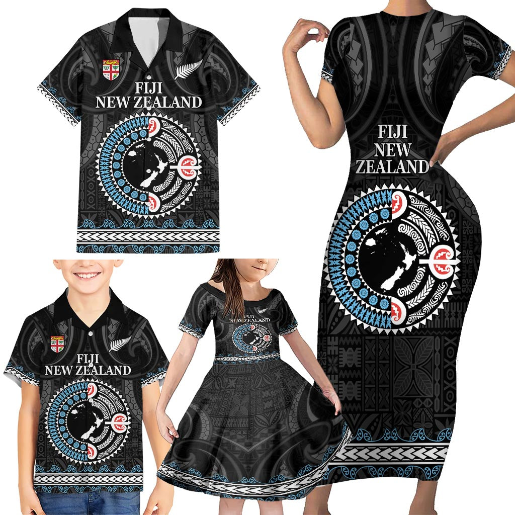 Custom Fiji and New Zealand Family Matching Short Sleeve Bodycon Dress and Hawaiian Shirt Maori Fern Mix Tapa Tribal Unique