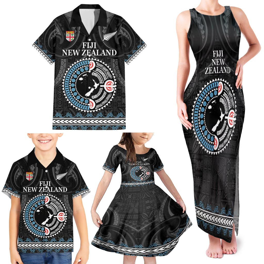 Custom Fiji and New Zealand Family Matching Tank Maxi Dress and Hawaiian Shirt Maori Fern Mix Tapa Tribal Unique
