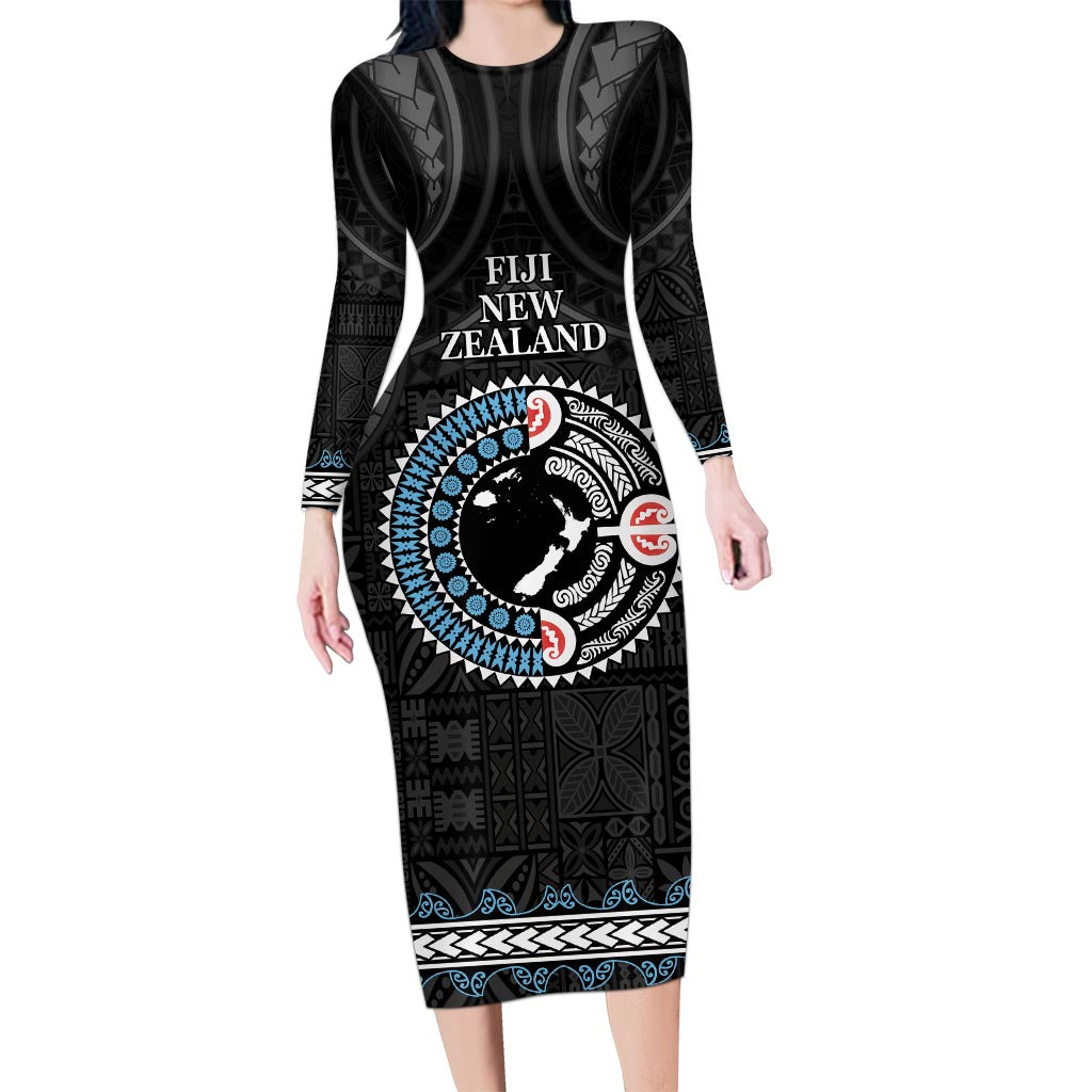 Custom Fiji and New Zealand Long Sleeve Bodycon Dress Maori Fern Mix Tapa Tribal Unique