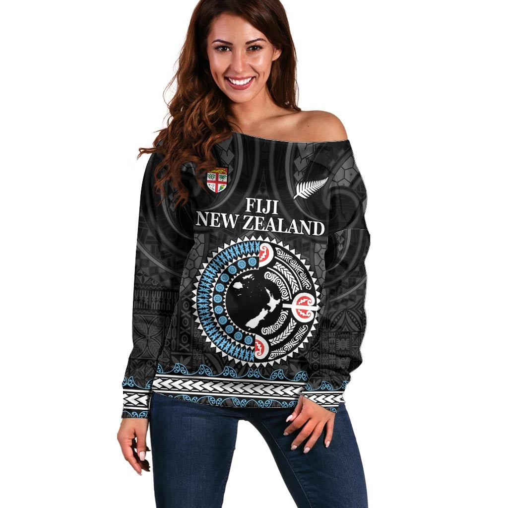Custom Fiji and New Zealand Off Shoulder Sweater Maori Fern Mix Tapa Tribal Unique LT9 Women Black - Polynesian Pride