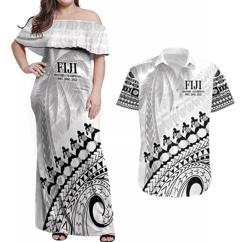 Custom Fiji Rugby Cibi Dance Couples Matching Off Shoulder Maxi Dress and Hawaiian Shirt Create History World Cup Sevens