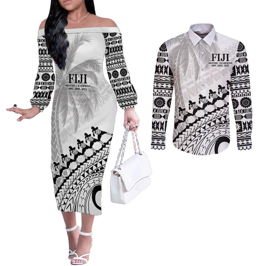 Custom Fiji Rugby Cibi Dance Couples Matching Off The Shoulder Long Sleeve Dress and Long Sleeve Button Shirt Create History World Cup Sevens