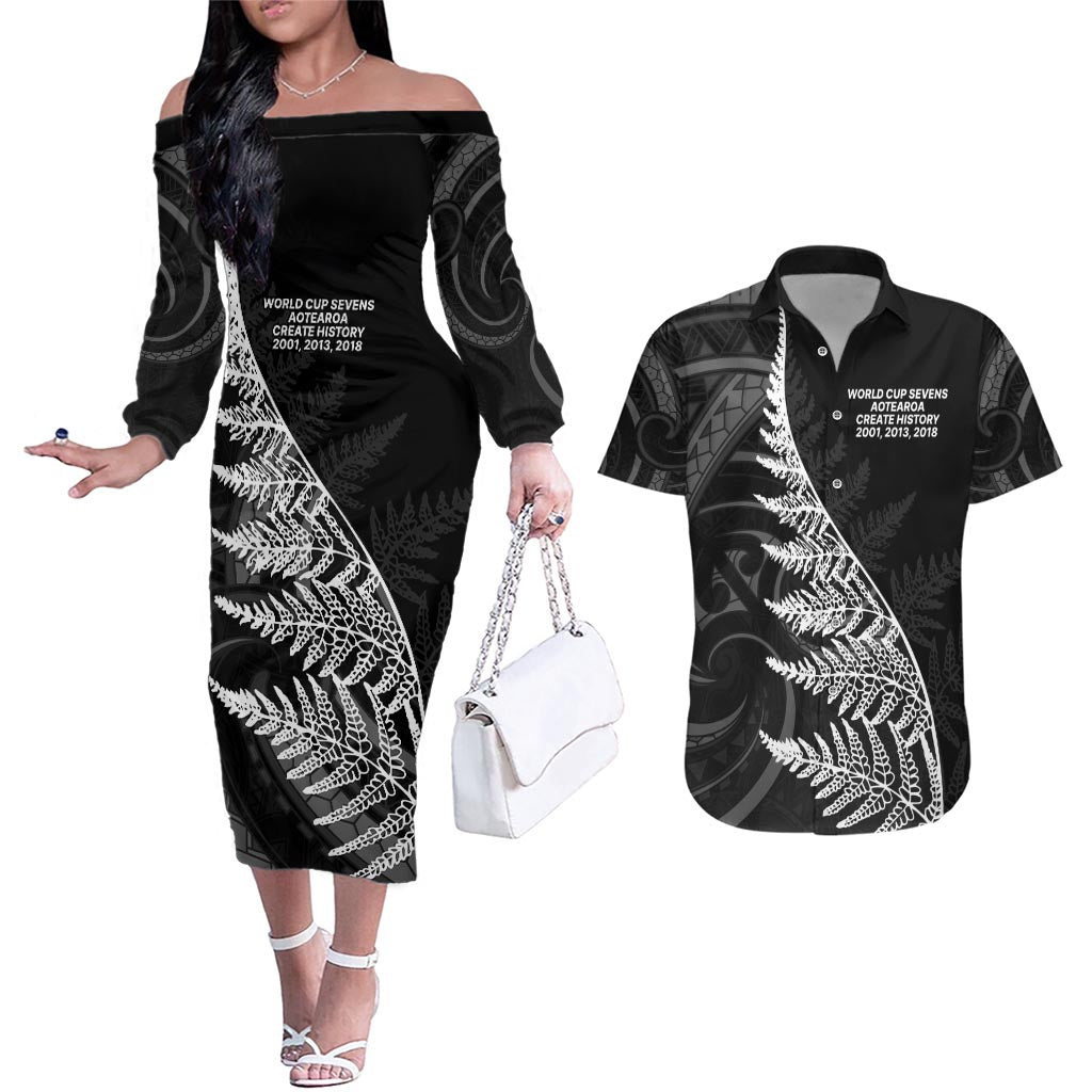 New Zealand Black Fern 7s Couples Matching Off The Shoulder Long Sleeve Dress and Hawaiian Shirt History World Cup Sevens