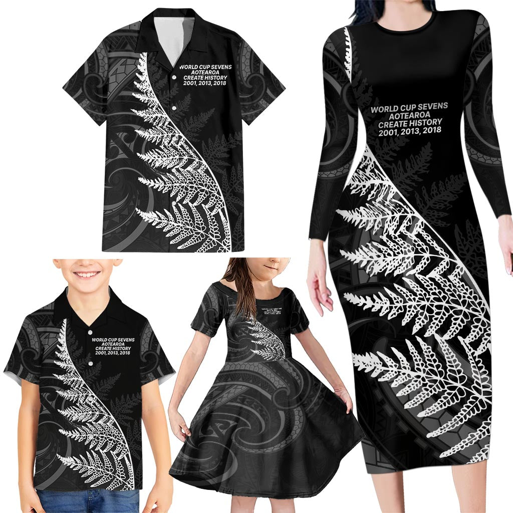New Zealand Black Fern 7s Family Matching Long Sleeve Bodycon Dress and Hawaiian Shirt History World Cup Sevens