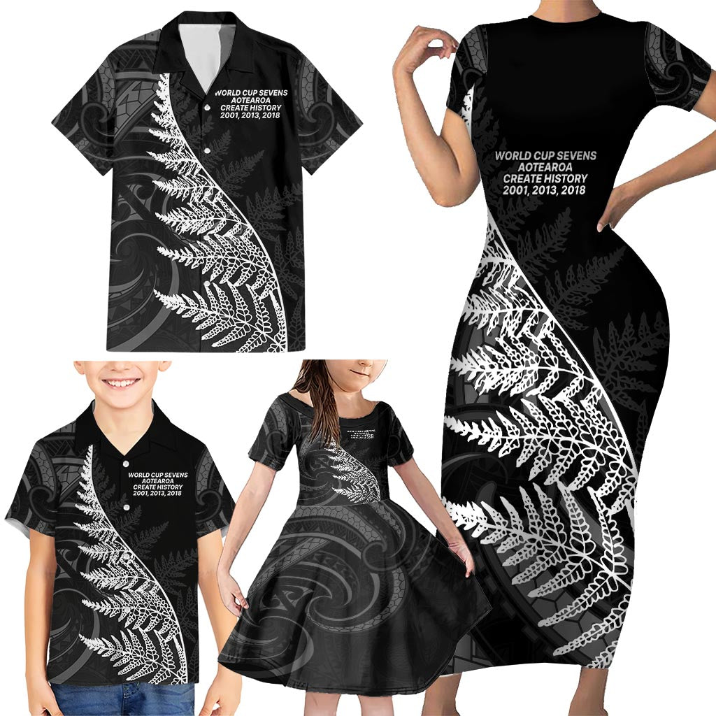 New Zealand Black Fern 7s Family Matching Short Sleeve Bodycon Dress and Hawaiian Shirt History World Cup Sevens