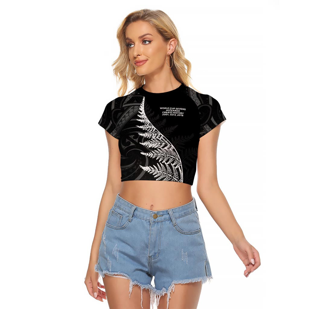 New Zealand Black Fern 7s Raglan Cropped T Shirt History World Cup Sevens LT9 Female Black - Polynesian Pride