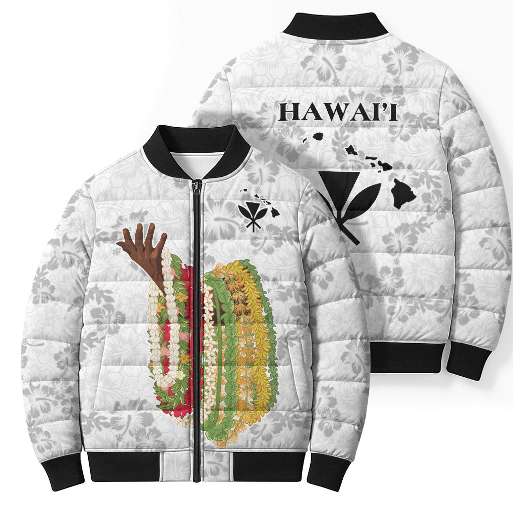 Hawaii Lei Kamehameha Bomber Puffer Jacket Ke'oke'o Seamless Pattern Hibiscus Flower LT9 - Polynesian Pride