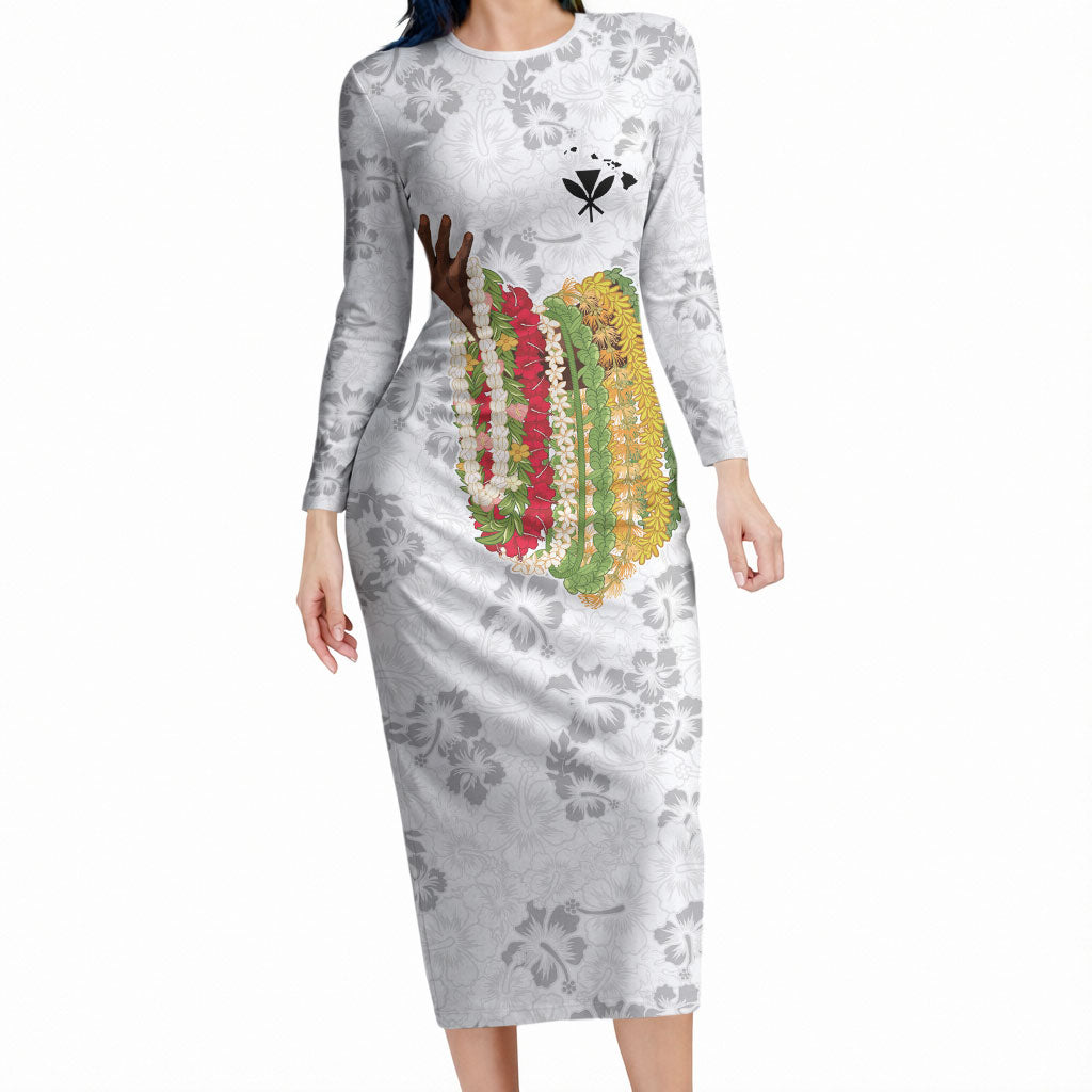 Hawaii Lei Kamehameha Long Sleeve Bodycon Dress Ke'oke'o Seamless Pattern Hibiscus Flower LT9 Long Dress White - Polynesian Pride