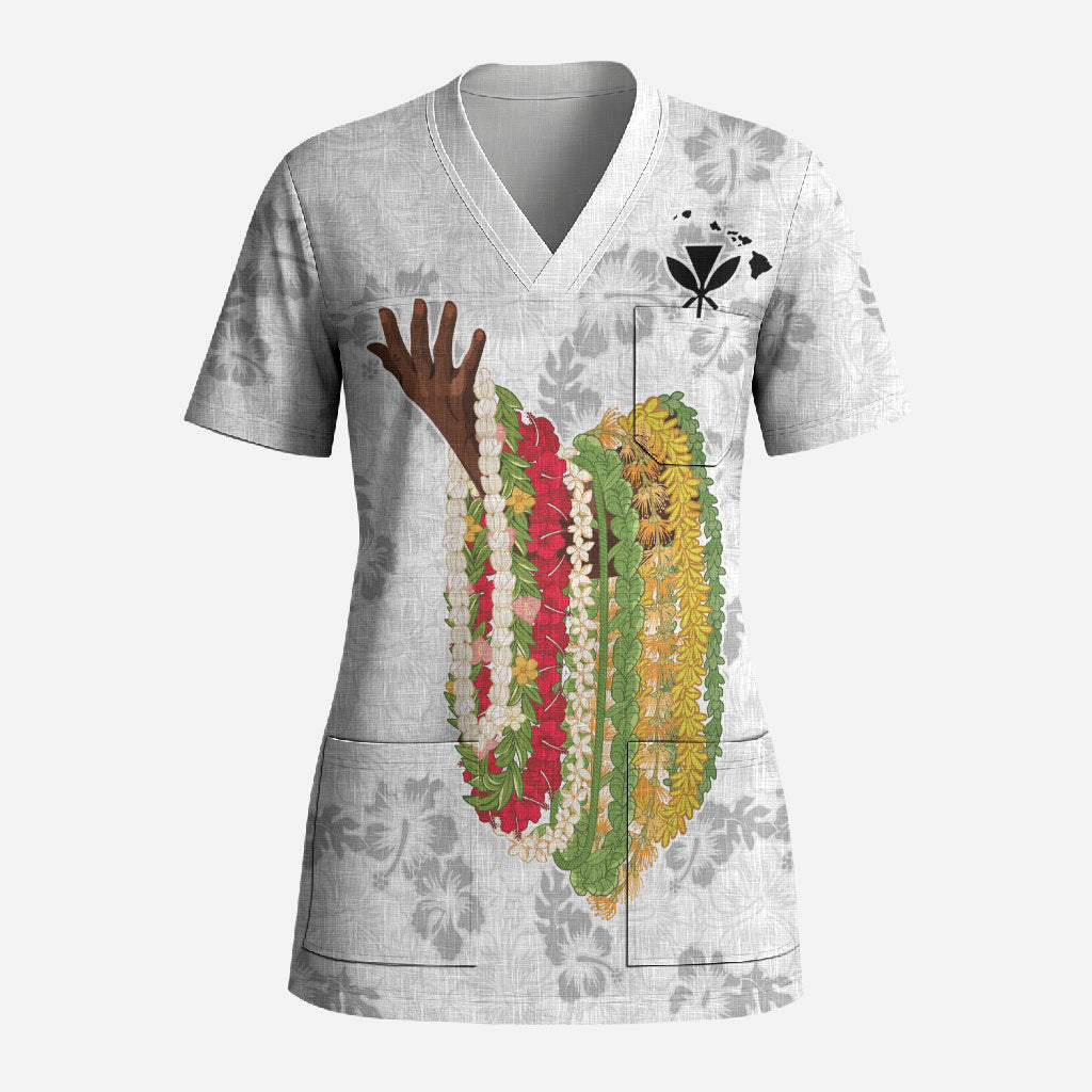 Hawaii Lei Kamehameha Scrub Top Ke'oke'o Seamless Pattern Hibiscus Flower LT9 Adult White - Polynesian Pride