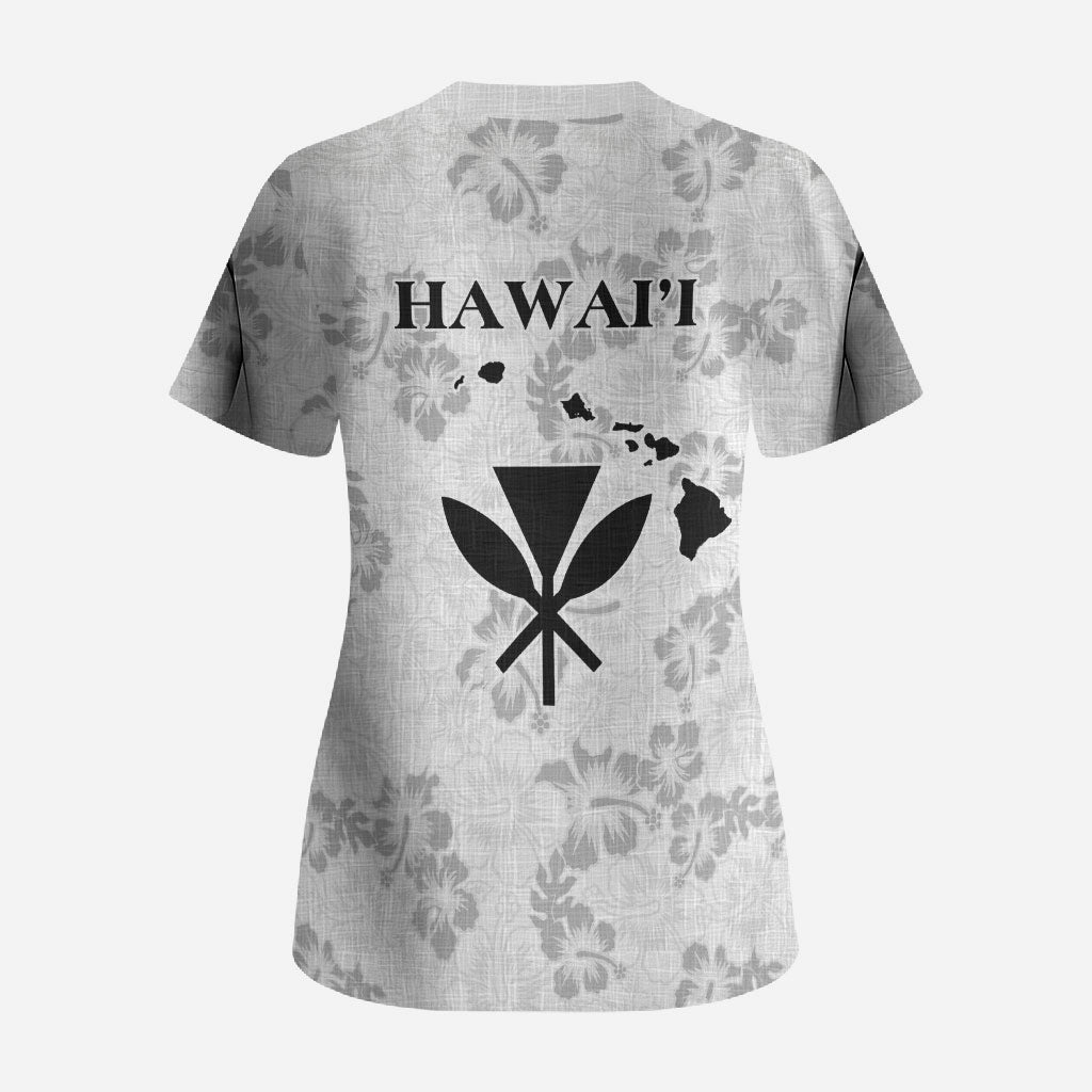 Hawaii Lei Kamehameha Scrub Top Ke'oke'o Seamless Pattern Hibiscus Flower LT9 - Polynesian Pride