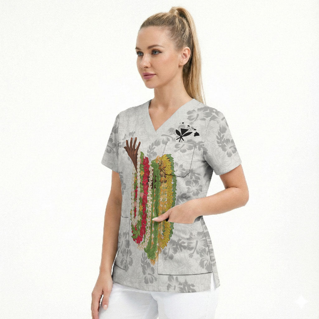 Hawaii Lei Kamehameha Scrub Top Ke'oke'o Seamless Pattern Hibiscus Flower LT9 - Polynesian Pride