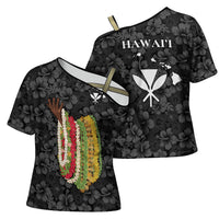 Hawaii Lei Kamehameha Cross Shoulder Shirt Ele'ele Seamless Pattern Hibiscus Flower LT9 - Polynesian Pride