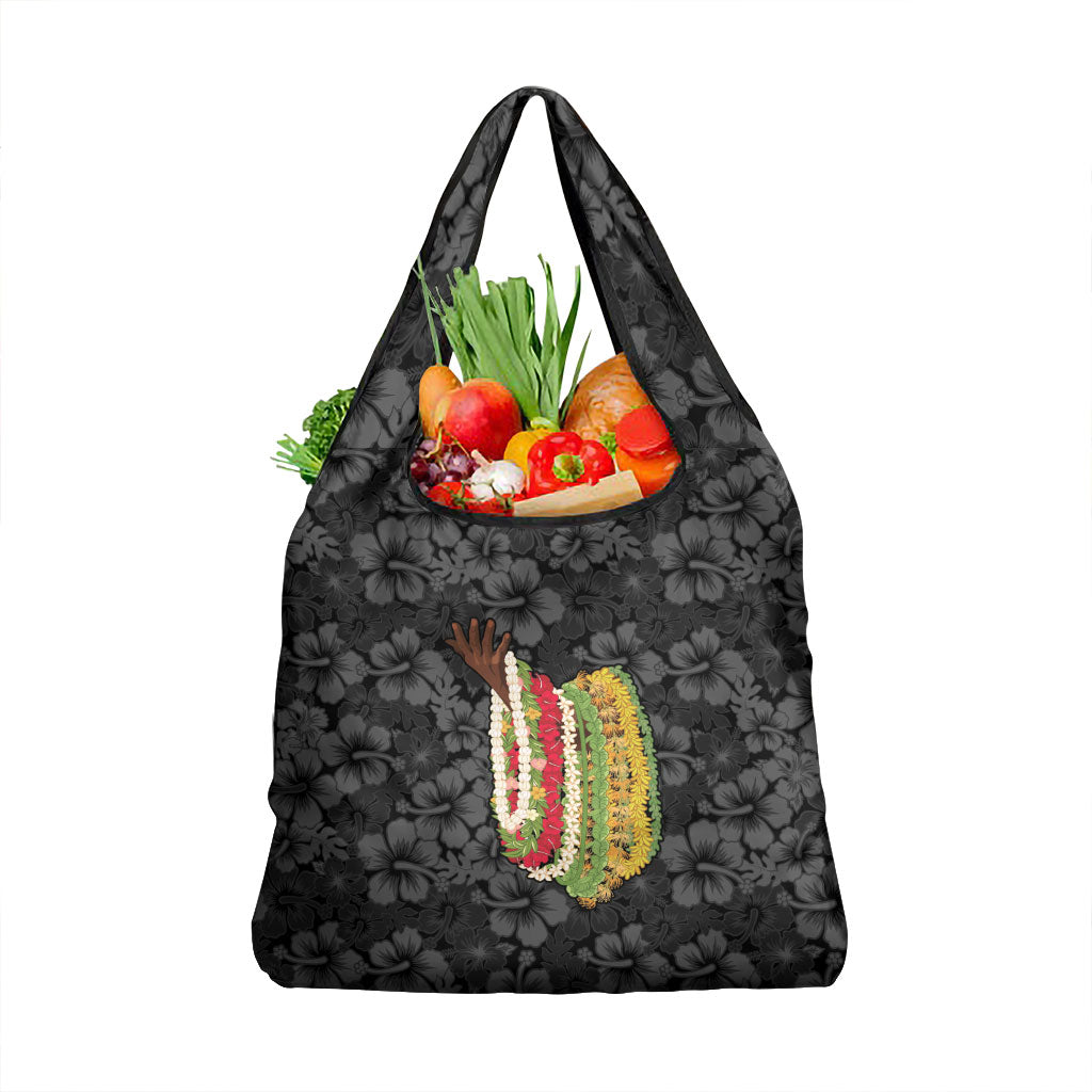 Hawaii Lei Kamehameha Grocery Bag Ele'ele Seamless Pattern Hibiscus Flower LT9 1-pack One Size Black - Polynesian Pride