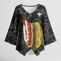 Hawaii Lei Kamehameha Kimono Sleeve Blouse Ele'ele Seamless Pattern Hibiscus Flower LT9 Female Black - Polynesian Pride