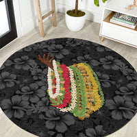 Hawaii Lei Kamehameha Round Carpet Ele'ele Seamless Pattern Hibiscus Flower LT9 Black - Polynesian Pride