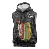 Hawaii Lei Kamehameha Sleeveless Hoodie Ele'ele Seamless Pattern Hibiscus Flower LT9 Black - Polynesian Pride